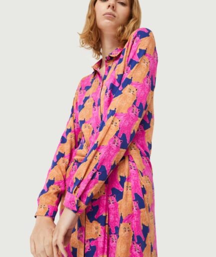 Vestido midi camisero estampado de gatos - Compañía Fantástica