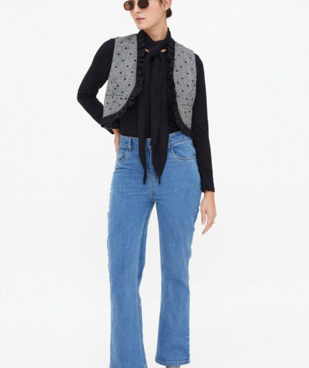 Chaleco de tejido tweed con estampado de corazones de color negro -Compañía Fantástica