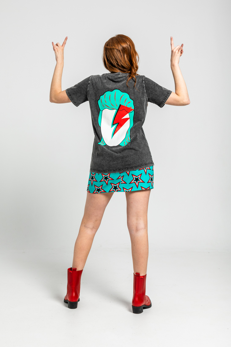 Camiseta unisex de algodón efecto desgastado ácido con estampado bowie we can be heroes - Lolina (2) Camiseta unisex de algodón efecto desgastado ácido con estampado bowie we can be heroes - Lolina