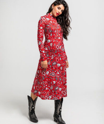 Vestido midi fluido de estampado paisley cachemir rojo - Lolina