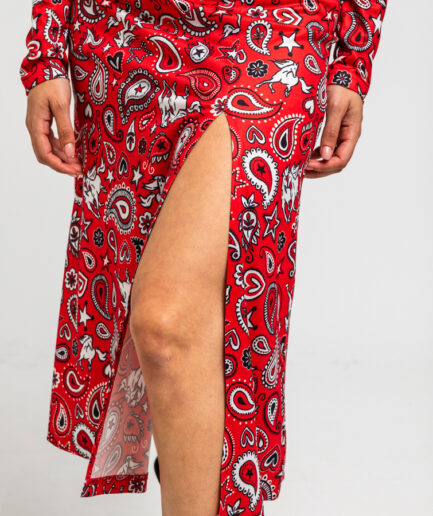 Vestido midi fluido de estampado paisley cachemir rojo - Lolina