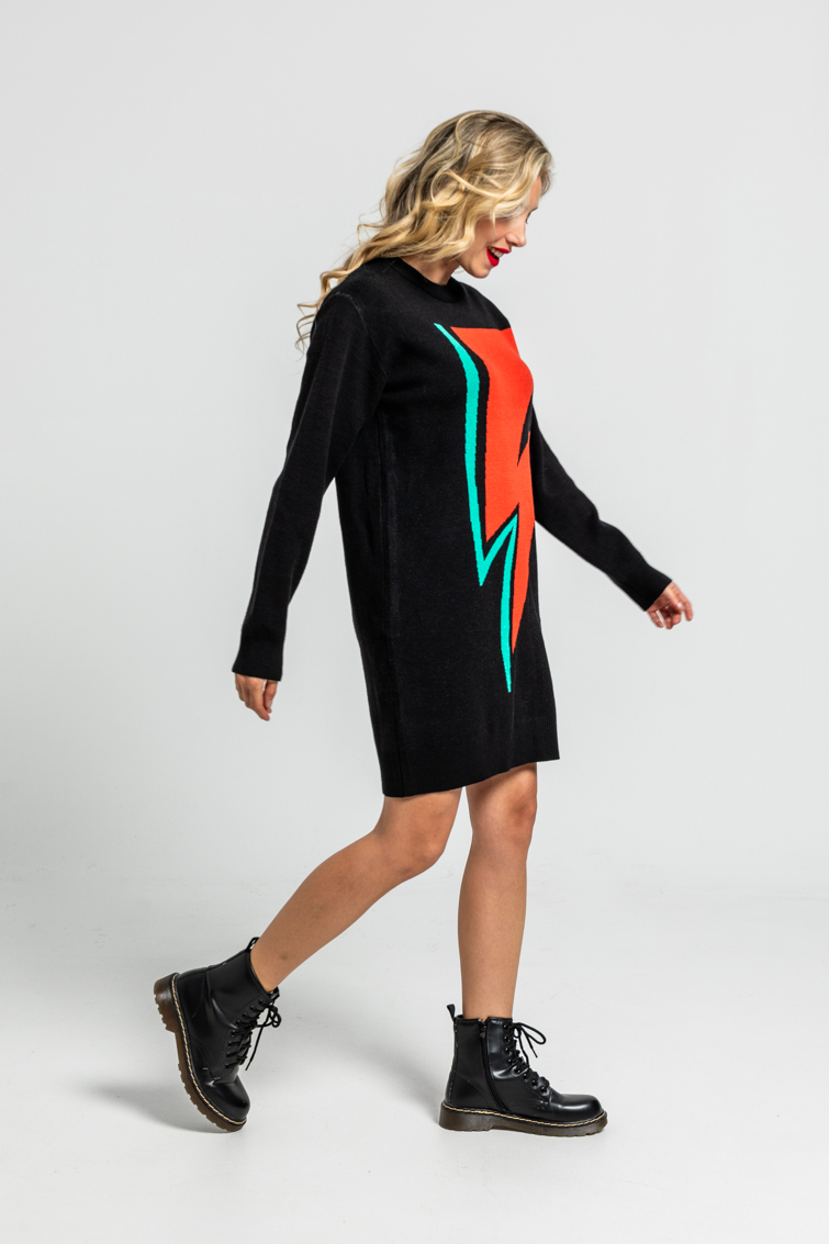 Vestido punto tejido negro con rayo - Lolina (2) Vestido punto tejido negro con rayo - Lolina