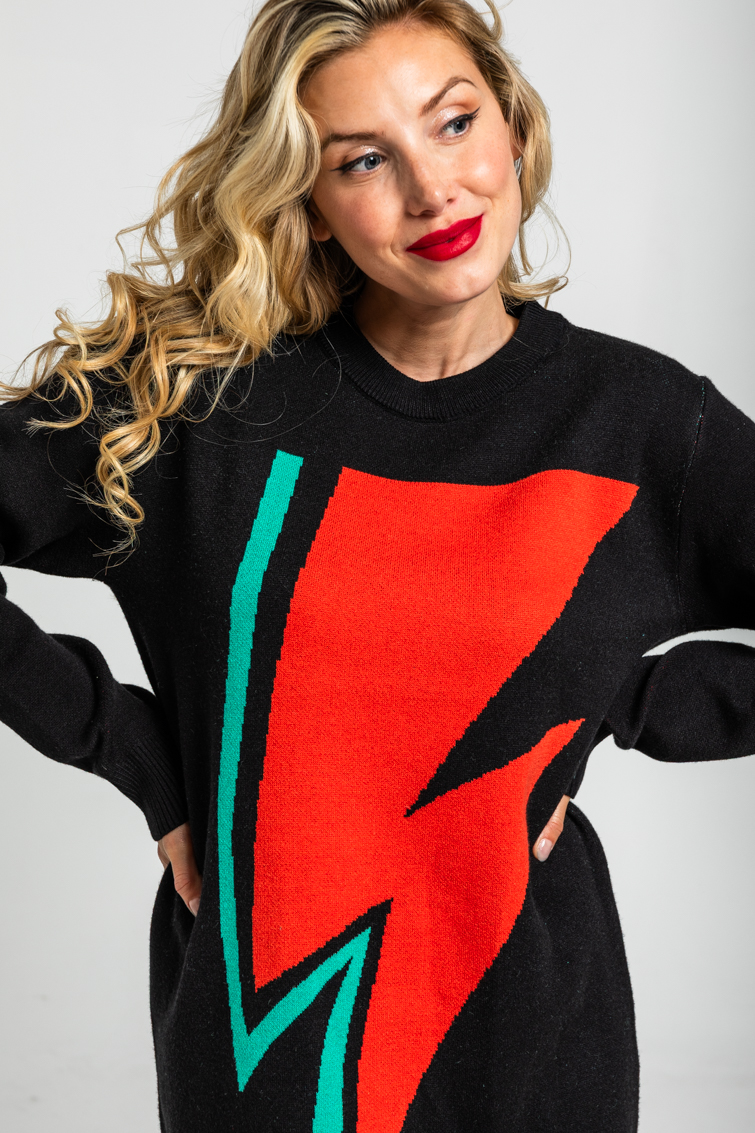 Vestido punto tejido negro con rayo - Lolina (4) Vestido punto tejido negro con rayo - Lolina