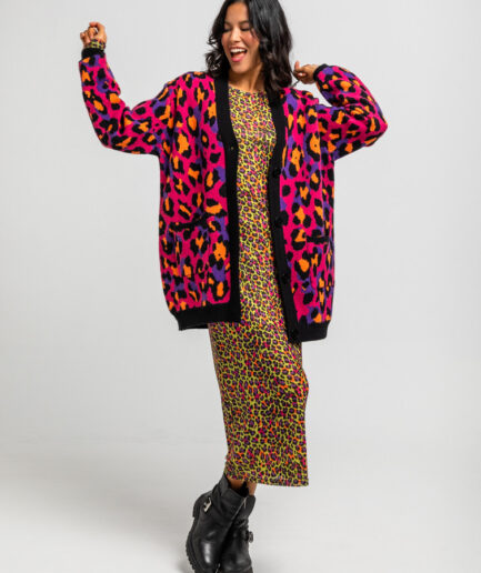 Cárdigan Large De Estampado Animal Fuscia - Lolina