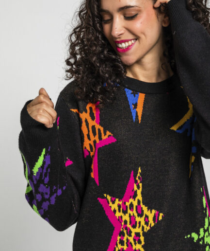Vestido punto tejido de estampado de estrellas con animal print - Lolina