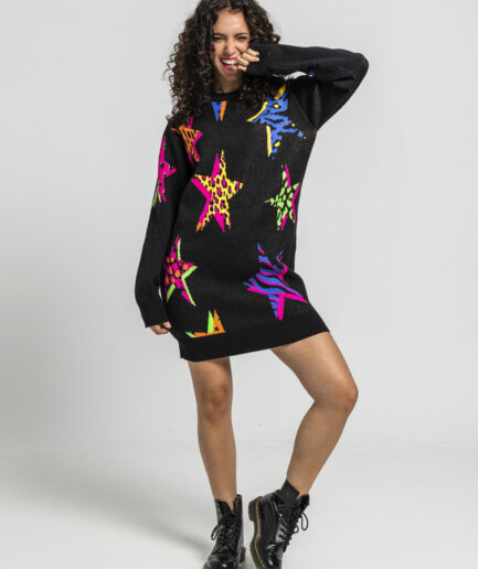Vestido punto tejido de estampado de estrellas con animal print - Lolina