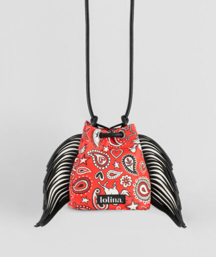 Bolso tipo saco con flecos de estampado paisley cachemir rojo - Lolina
