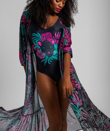 Camisero fluido de tul de hojas y panteras Nocturna - Lolina