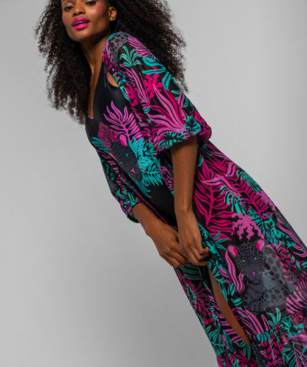 Camisero fluido de tul de hojas y panteras Nocturna - Lolina