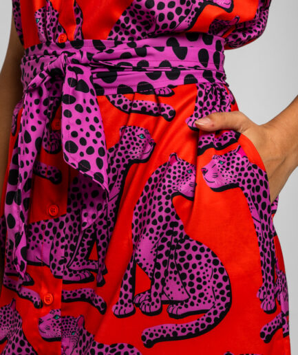 Camisero midi sin mangas naranja y panteras rosas Pink Panther - Lolina