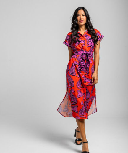 Camisero midi sin mangas naranja y panteras rosas Pink Panther - Lolina