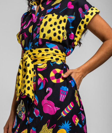 Camisero midi sin mangas negro con estampado veraniego Summer time - Lolina