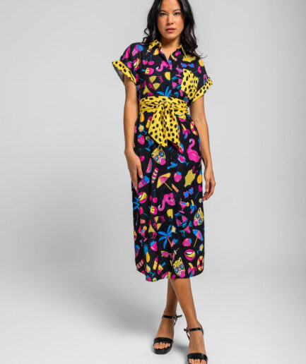 Camisero midi sin mangas negro con estampado veraniego Summer time - Lolina