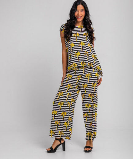 Pantalón culotte de palmeras amarillas y raya blanca y negra La Faraona - Lolina
