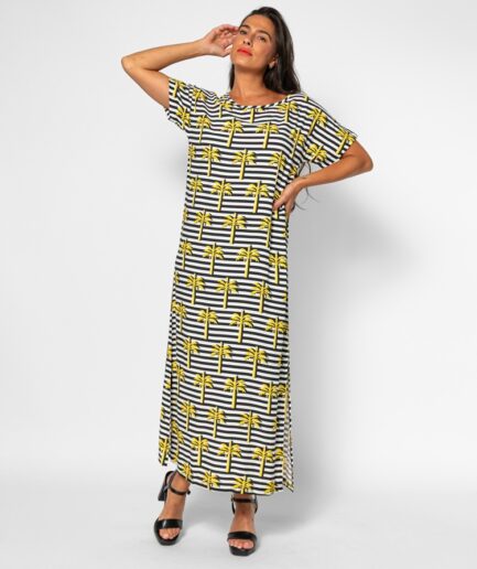Vestido camiseta de palmeras amarillas y raya blanca y negra La Faraona - Lolina