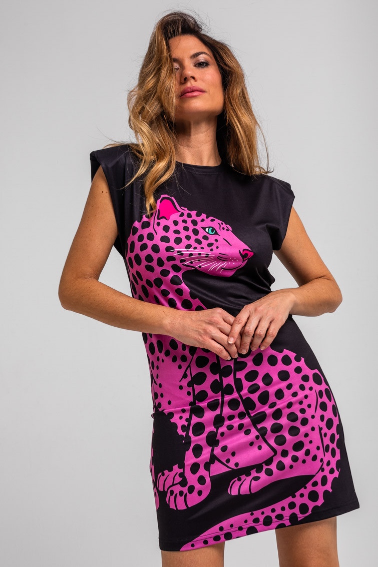 Vestido corto sin mangas elástico negro y pantera rosa Pink Panther - Lolina (1) Vestido corto sin mangas elástico negro y pantera rosa Pink Panther - Lolina