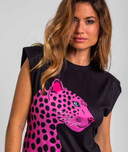 Vestido corto sin mangas elástico negro y pantera rosa Pink Panther - Lolina