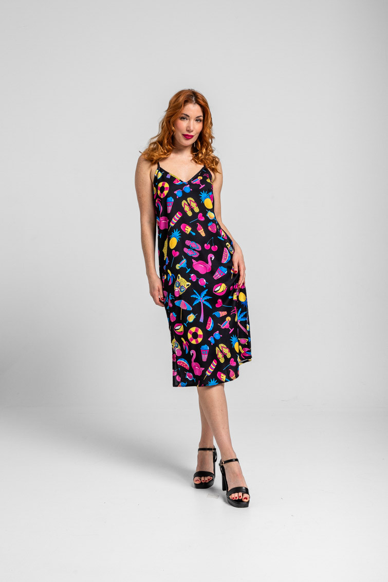 Vestido lencero negro con estampado veraniego Summer time - Lolina Vestido lencero negro con estampado veraniego Summer time - Lolina