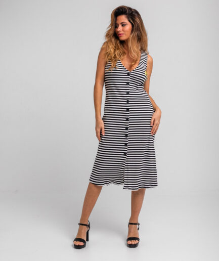 Vestido midi canalé sin mangas abotonado de raya blanca y negra con palmera bordada La Faraona - Lolina