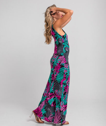 Vestido midi cremallera de hojas y panteras Nocturna - Lolina