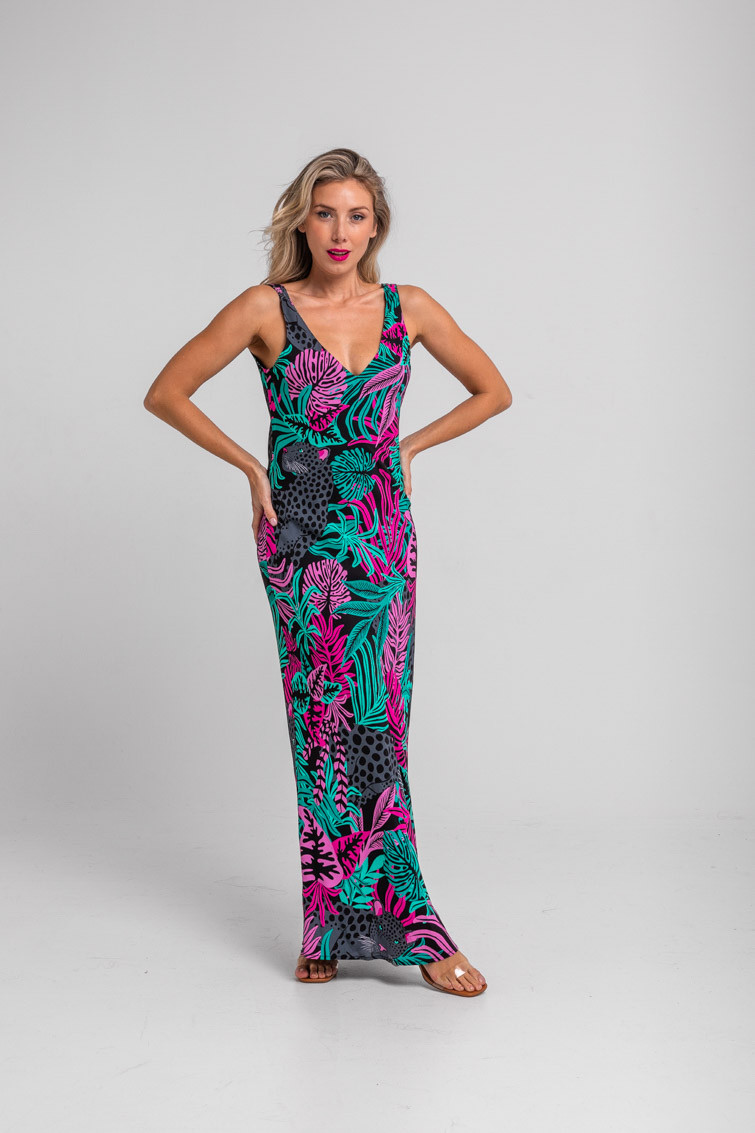 Vestido midi cremallera de hojas y panteras Nocturna - Lolina Vestido midi cremallera de hojas y panteras Nocturna - Lolina