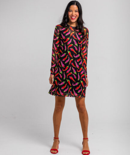 Vestido mini de tul con manga larga negro con chilis rosas y rojos Picante - Lolina