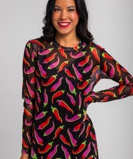 Vestido mini de tul con manga larga negro con chilis rosas y rojos Picante - Lolina