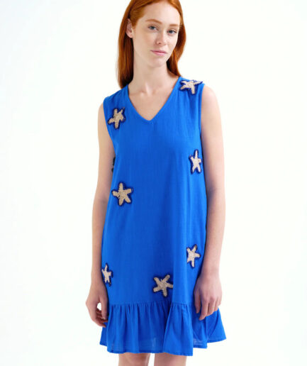 Vestido corto 100% algodón azul marino con apliques de estrellas - Compañía Fantástica