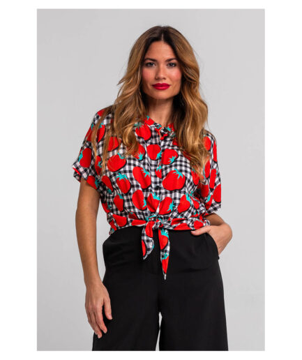 CAMISA CUELLO MAO ANUDADA DE TOMATES Y VICHI BLANCO Y NEGRO - POMODORI