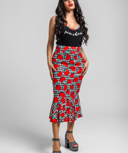 FALDA LÁPIZ CON GODET EN EL BAJO DE TOMATES Y VICHI BLANCO Y NEGRO - POMODORI LOLINA