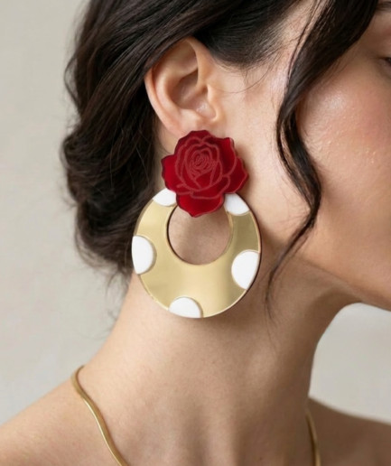 Pendientes flamenca metacrilato con lunares y rosa roja