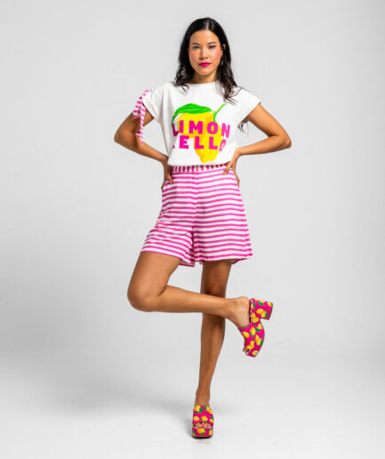 SHORT SASTRE DE RAYAS BLANCAS Y ROSAS - LIMONCELLO