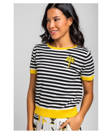 TOP EN PUNTO FINO DE RAYAS BLANCAS Y NEGRAS CON PALMERA - LA FARAONA