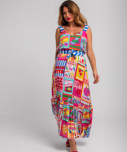 VESTIDO LARGO TIRANTE VOLANTE CON FAJÍN DE ESTAMPADO COLLAGE ITALIANO - DOLCE FAR NIENTE