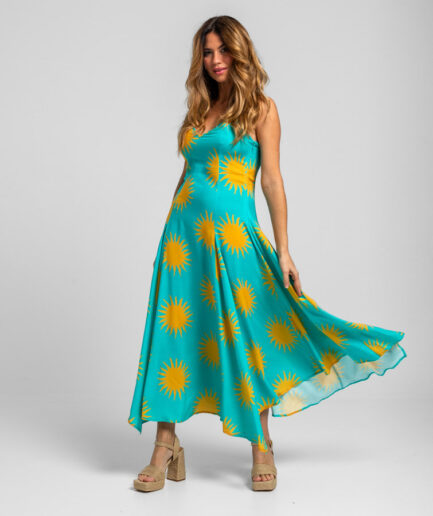 VESTIDO LARGO VUELO CON TIRANTES GRADUABLES TURQUESA Y SOLES AMARILLOS - OH SOLE MIO