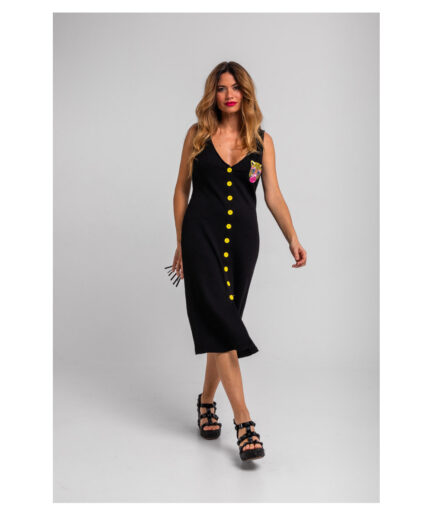 VESTIDO MIDI CANALÉ SIN MANGAS ABOTONADO NEGRO CON PANTERA - LET’S GO TO THE BEACH