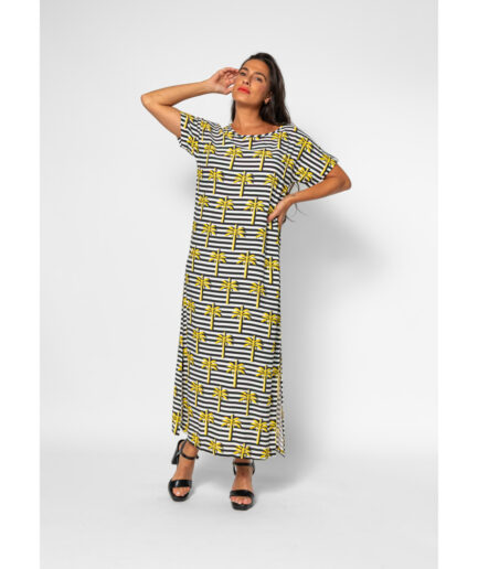 VESTIDO CAMISETA DE PALMERAS AMARILLAS Y RAYA BLANCA Y NEGRA - LA FARAONA