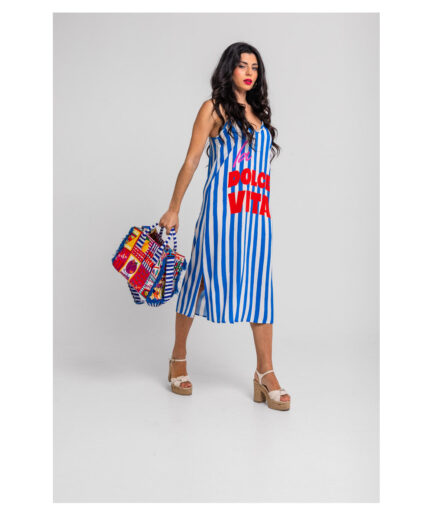 VESTIDO LENCERO DE RAYAS BLANCO Y AZUL Y TEXTO DOLCE ROJO - DOLCE FAR NIENTE