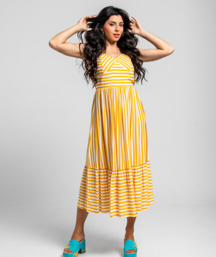 VESTIDO MIDI BUSTIER DE RAYAS BLANCAS Y AMARILLAS - OH SOLE MIO