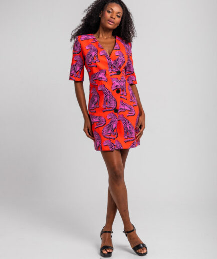 VESTIDO MINI BOTONES ESCOTE PICO NARANJA Y PANTERAS ROSAS - PINK PANTHER