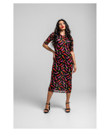 VESTIDO TUL ENTALLADO NEGRA CON CHILIS ROSAS Y ROJOS