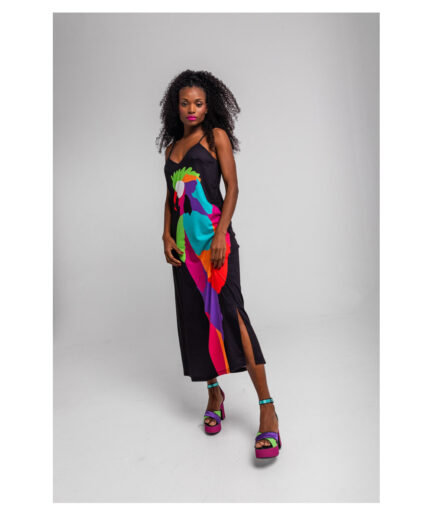 VESTIDO LENCERO NEGRO CON LORO MULTICOLOR - AL LORO