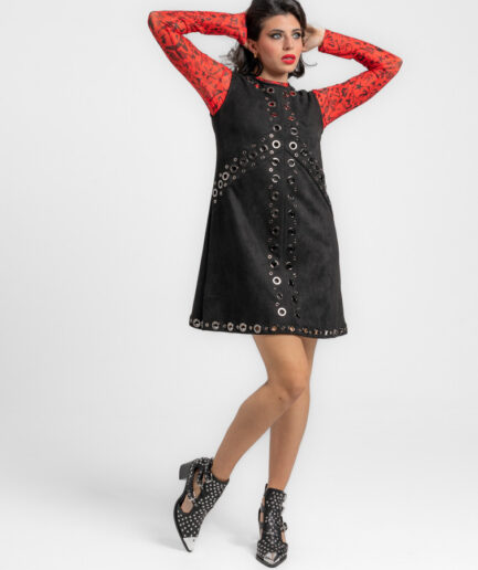 Vestido de antelina de corte sixty con ojales metálicos - Lolina. ROCK AND ROLL
